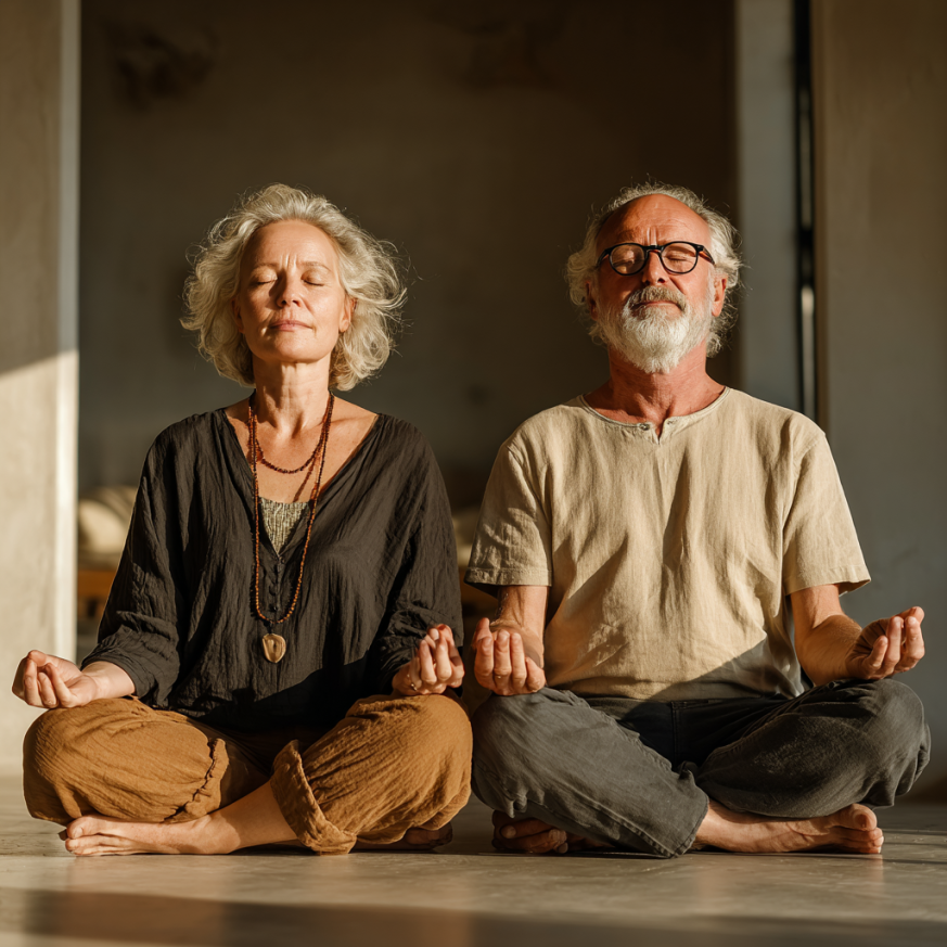 Група старших людей займається йогою в світлій студії